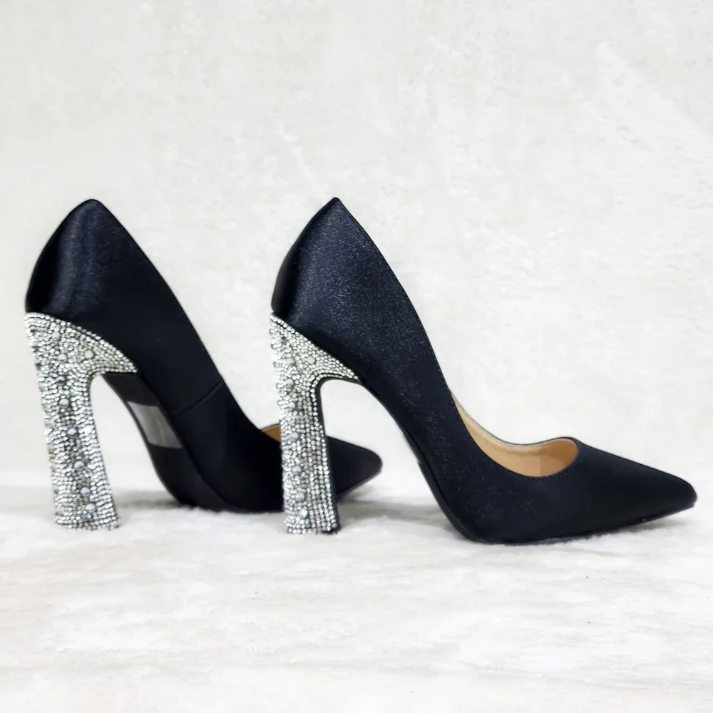Klume Black Satin Pumps Chunky Rhinestone High Heel Evening Party Shoes